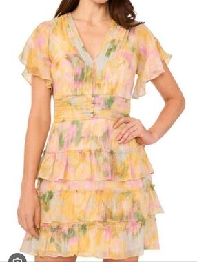 MELLODAY Yellow Pink Floral Ruffle Mini Dress